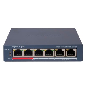 Switch gestionable PoE de Hikvision - 4 puertos PoE 802.3af/at + 2 RJ45 Uplink - 4 RJ45 10/100Mbps + 2 RJ45 10/100Mbps - 802.3af/at / Máximo 60W - VLAN/Aislamiento de puertos/Detección de bucles/LLDP - Agregación de enlaces/Control PoE/SNMP