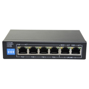 Switch PoE - 4 portas PoE + 2 Uplink RJ45 - Velocidade até 100 Mbps em todas as portas - Até 60W no total para todas as portas - Largura de banda 1.2 Gbps - Padrão IEEE802.3af (PoE) / at (PoE+)