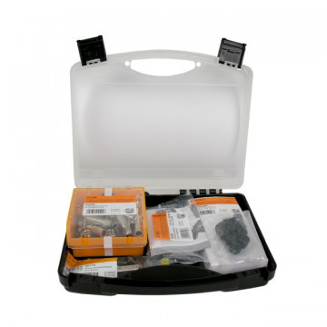T100 Coaxial Cable Connecting Kit - Transport Case that includes: 50XXCONTORS "F" Compression (Ref. 4104), 1Texcharger (Ref. 2145), 1xfree (Ref. 216301), 1xchave Hex -11 (Ref. 216101) and 10xcapuchons (Ref. 418001)