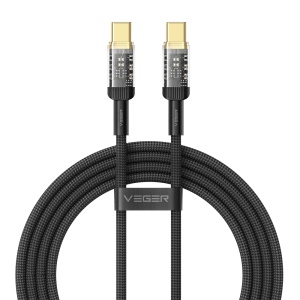 Veger - Cabo USB 2.0 para qualquer dispositivo - USB-C para USB-C - Conector com indicador LED, nylon acrílico - Carregamento rápido PD 240W | 480Mbps - Comprimento 1.5m | Cor preta