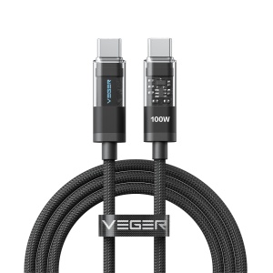 Veger - Cabo USB 2.0 para qualquer dispositivo - USB-C para USB-C - Revestimento metálico com LED, nylon trançado - Carregamento rápido PD 100W | 480Mbps - Comprimento 1.5m | Cor preta