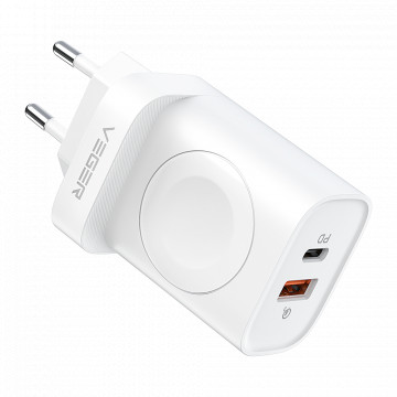 VEGER - Cargador USB e sin cables (a iwatch) - Fuerza 25W - Cargando rápido 22.5W - USB-A, USB-C e salidas sin cables - Color blanco