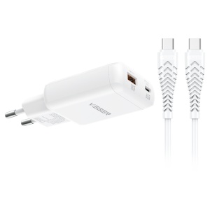 VEGER - Carregador de parede - Carregamento rápido 65W | Com tecnologia GaN - Saídas USB-C, USB-A - Cabo USB-C para USB-C 1.2m incluído - Cor branco