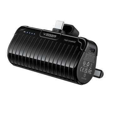 VEGER Mini Power bank com LEDs para carregamento - Capacidade 5000mAh - Entradas USB-C, conetor USB-C - Conector de saída USB-C - Carrega 1 dispositivo - Carregamento rápido PD20W | Suporte dobrável