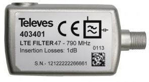 403401 -8424450154571 TELEVES - LTE High Rejection (HR) Filter "F" 47...790MHz VHF/UHF (C21-60) Indoor