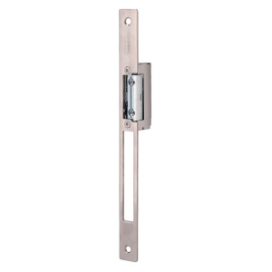 Abreportas elétrico em aço inoxidável Dorcas - Instalação com corte da moldura - Fechadura radial ajustável - NO Fail Secure | Até 330 kg - Fonte de alimentação CA/CC 10-24V - Passagem livre e argola