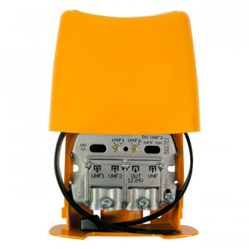 Amplificador Mástil Nanokom 3e/1s "Fácil": UHF[dc]-UHF-FM/Biiimix G 28-28- (-1,5)/(-1,5)dB Vs 108dBµV Destino. 12...24V (Boleto DC Intensable)
