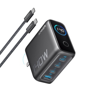 Anker - Cargador USB plegable - Potencia 140W | Display inteligente - Carga rápida | Tecnología GaN - Salidas 1x USB-A, 3x USB-C - Color gris | Cable 1.5m incluido