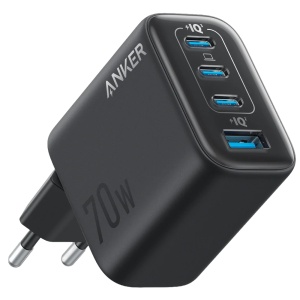 Anker - Carregador USB - Potencia 70W - Carregamento rápido GaN | Ecrã inteligente - Saídas 3x USB-C, 1x USB-A - Cor preta | 4 dispositivos simultâneos