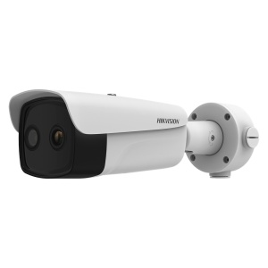 Câmara Térmica IP Dupla Hikvision Gama PRO - Sensor térmico 384x288 VOx | Lente 4.4mm - Sensor ótico 1/2.7” 4Mpx | Lente 2.2mm - Sensibilidade térmica ≤20mK (25°C, F1.0) - Deteção e alarme preventivos de incêndios - Intervalo de medição temp -20~150ºC / ±