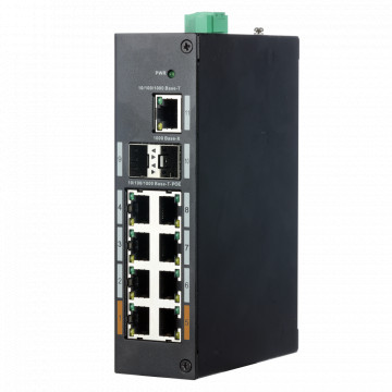 Cambiar Industrial X-Secundario - 8 puertas RJ45 + 2 puertas SFP + 1 RJ45 puerta [%Varilla%] - Velocidad 10/100/1000 Mbps - 2x Puertas Hipo+ 6x Puertas Papa+ - Fuerza Papa total 120W - Instalación em carril Estruendo