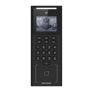 Controlo de acesso e presença - Facial, cartão EM e PIN - 500 utilizadores | 150.000 registos - TCP/IP, WiFi, USB e RS485 - 2.4" TFT | Controlador integrado - iVMS-4200 | Hik-Connect