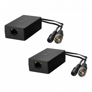 Émetteur-récepteur passif en paire tressée - Optimisé pour HDTVI, HDCVI et AHD - 1 Video and Power Channel - RJ45 Connecteur (UTP), BNC et Jack - Range: 200 ~ 400 m - 2 unités, émetteur et récepteur