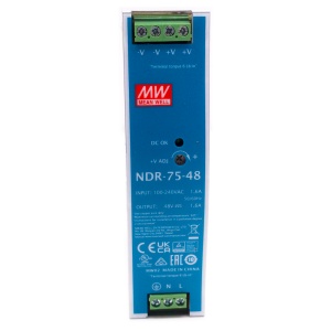 Fonte de alimentação industrial - Saída DC 48 V 1,6 A / 75 W - 2 saídas DC - Voltagem entrada 100 V ~ 240 V - Dimensões: 32 x 125.2 x 102mm - Montagem em carril DIN