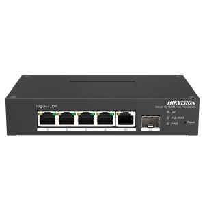 Hikvision PoE-Switch – 4 RJ45-FE-Ports + 1 Gigabit-RJ45/SFP-Port – 4 PoE+-Ports 802.3af/at – Bis zu 60 W PoE-Gesamtleistung – Erweitertes PoE/PoE-Watchdog/Port-Isolierung – Wand-/Tischinstallation