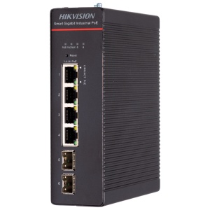 Hikvision Switch Industrial Smart Managed L2 - 4 Portas Gigabit Hi-PoE + 2 Uplinks SFP - Potência ultra-alta 802.3bt até 90W - Gama de temperaturas alargada -40°C a 75°C. - Transmissão de longo alcance até 300m - Prevenção de loops com suporte G.8032 ERPS