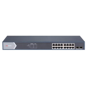 Hikvision Switch PoE Gerível - 16 Portas PoE Gigabit + 2 Uplinks ópticos SFP - Velocidade Gigabit 10/100/1000 Mbps por porta - Potência de 30W por porta / Máximo 225W - Transmissão de longo alcance até 300m - PoE Watchdog para reinicialização automática d