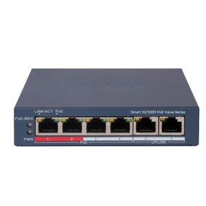 Hikvision Switch PoE Gerível - 4 Portas PoE 802.3af/at + 2 Uplink - Velocidade 10/100 Mbps em cada porta - Potência de 30W por porta / Máximo 45W - Transmissão de longo alcance até 300m - PoE Watchdog para reinicialização automática das câmaras