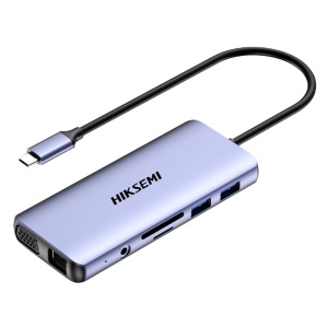 Hub USB-C 11 em 1 Hikvision - Suporta carregamento PD 100 W - Transferência de dados de 5 Gbps - 2xUSB A 3.0, 2xUSB A 2.0, USB C - HDMI 4K, VGA, Jack 3.5, Ethernet - Leitor de cartões microSD e SD