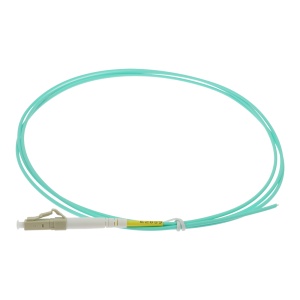 Pigtail de fibra óptica simplex - Fibra multimodo OM4 de alta velocidade - Conector LC com polimento UPC - Comprimento exato de 1.5 metros - Revestimento exterior LSZH na cor Aqua - Compatibilidade de utilização genérica e universal