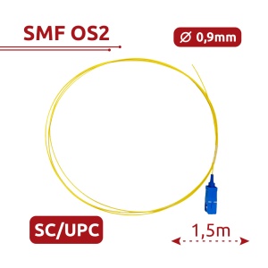 Pigtail de fibra ótica - Fibra monomodo OS2 - Conector SC UPC simplex - Comprimento 1.5m - Coberta LSZH - Compatibilidade genérica