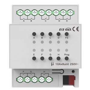 Relé inteligente de 8 linhas - KNX - Carga máxima 10 por linha - Potência máxima 2300 W por linha - Alimentação 21-30 DC por bus - Atraso e memória de ativação