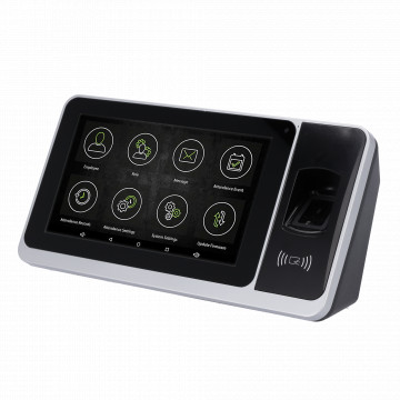 Relógio de Ponto Android com câmara - Impressão digital, cartão EM/MF/DESFire e PIN - 6.000 impressões | 200.000 registos - 7" Ecrã tátil TFT, TCP/IP, WiFi, USB, microSD - Suave. Presença do GoTimeCloud 50 utilizadores incluídos - Suave. Assiduidade: ZKBi