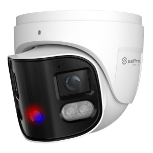 Safire Smart - Câmara Turret IP gama I1 panorâmica dissuasora - Resolução 8 Megapixel (4640x1760) - Lente 2x2.8 mm (180º) | Metadados de vídeo - IA: Classificação de humano e veículo - IP66 | PoE.af | Altifalante e flash policial