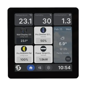 Shelly Wall Display X1i Preto - Ecrã tátil de 4" a 720 × 720 píxeis - Capacidade do relé interno: 1 canal de até 5A - Wi-Fi 6 / Bluetooth / Sensor de luz e de proximidade - Suporta CA 110-240V / Altifalante de 1 W - Compatível com a Alexa e o Google