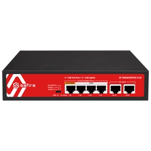 Switch Safire PoE - 4 portas PoE + 2 Uplink RJ45 - Velocidade da porta 10/100/1000 Mbps - 1 porta PoE++ e 3 portas PoE+ 30W - Potência PoE total de 60W - PoE Watchdog / Auto PoE Extended To 250m