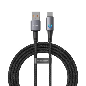 Veger - Cabo USB 2.0 para qualquer dispositivo - USB-A para USB-C - Conector em liga de alumínio com LED - Carregamento rápido PD 66W | 480Mbps - Comprimento 1.2m | Cor preta