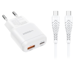 VEGER - Carregador de parede - Carregamento rápido 30W | Com tecnologia GaN - Saídas USB-C, USB-A - Cabo USB-C para USB-C 1.2m incluído - Cor branco