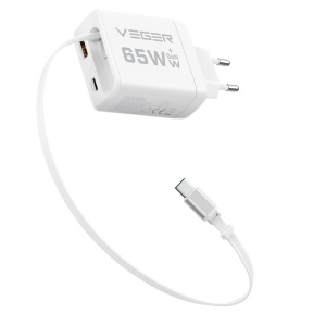 VEGER - Carregador de parede - Carregamento rápido 65W | Com tecnologia GaN - Saídas USB-C, USB-A - Cabo USB-C para USB-C retrátil integrado - Cor branco
