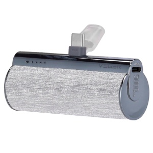 VEGER Mini Power bank com LEDs para carregamento - Capacidade 5000mAh - Entrada USB-C - Saída USB-C, conetor USB-C - Carrega 1 dispositivo - Cor Prata