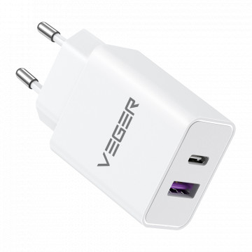 VEGER - USB Charger - Power 65W | With gan technology - fast loading of 2 devices at a time - USB -A, USB -C - White color outputs
