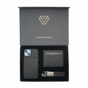 Wachikopa Premium Box Set *iPhone 13 Pro Case with Kickstand Card Holder + Leather Keyring + Leather Wallet - Black