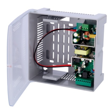 Alimentador para controlo de acesso - Configurável NA/NF - Saída DC 12.5-13.8V / 5A / 60W - Caixa plástica - Adequado para bateria auxiliar 12V / 7Ah - Montagem na superfície