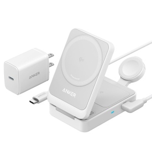 Anker 3-in-1 kabelloses Ladegerät – Magsafe-Technologie – schnelles Laden: iPhone, Airpods, Apple Watch – 3 Geräte gleichzeitig laden – unterstützt Hoch- oder Querformat – faltbar | Weiß