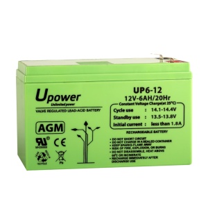 Bateria recarregável Upower - Tecnologia do Chumbo - Ácido AGM - Tensão 12V - Capacidade 6 Ah - 151 x 50 x 93 mm / 1840 g - Para backup ou utilização directa