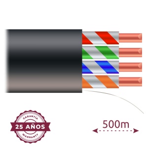 Cable UTP Safire - Categoría 6 - Bobina de cable de madera de 500 m - Conductor OFC, pureza de cobre del 99,9% - Recubrimiento especial para exteriores - Negro