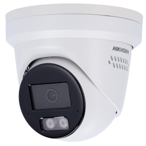 Cámara IP de torreta Hikvision gama PRO - Resolución de 4 megapíxeles (2688x1520) - Lente de 2,8 mm - PoE+ | IR 30 m | 2 micrófonos y altavoces - Detección de movimiento 2.0 | AcuSense - Captura facial | Luz disuasoria roja y azul