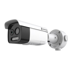Câmara Térmica IP Dupla Hikvision Gama PRO - Sensor térmico 160x120 VOx | Lente 6.9mm - Sensor ótico 1/2.7” 5Mpx | Lente 8mm - Sensibilidade térmica ≤25mK (25°C, F1.0) - Deteção e alarme preventivos de incêndios - Intervalo de medição temp -20~150ºC / ±8º