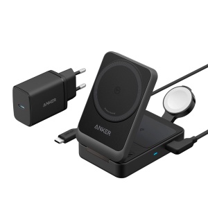 Cargador sin cables 3 em 1 Anker - Tecnología Magsafe - Cargando rápido: iPhone, Airpods, Manzana Mirar - Para cargar dispositivos 3 de cada tiempo - Aceptado o modo retrato ou paisaje - Plegable | Negro
