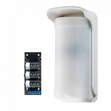 Detetor de poupança de energia para exterior Duevi - Integrado com o Transmissor Ajax (incorporado) - PIR duplo em cada lado e PIR duplo frontal - Cobertura total 180º / Antimasking - Energia fornecida pelo Transmissor - Uso exterior IP54 / Antivandalismo