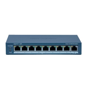 Hikvision verwaltbarer PoE-Switch – 8 PoE 802.3af/at-Ports + 1 RJ45-Uplink – 8 RJ45 10/100 Mbit/s + 1 RJ45 10/100/1000 Mbit/s – 30 W pro 802.3af/at-Port / Maximal 120 W – VLAN/Port-Isolation/Schleifenerkennung/LLDP – Link-Aggregation/PoE-Watchdog/SNMP