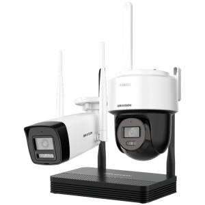 Hikvision Wifi-Videoüberwachungsset - 4-Mpx-Bullet-Kamera + 4-Mpx-PT-Kamera - NVR 4 IP-Kanäle 6 Mpx - 2,8-mm-Objektiv (beide Kameras) - Bullet: IR 30 m | PT: IR 25 m, Weißlicht 25 m – Eingebautes Mikrofon | MicroSD | 1 Festplatte | IP66