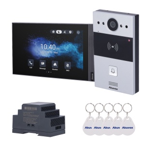 Kit de videoporteiro Linux - 2 Fios e Wi-Fi | Placa e monitor IPS - Áudio bidireccional Crystal Clear - Leitor EM/MF e NFC - 1 Saída de relé | Antivandalismo - Conexão através da cloud