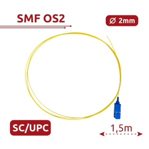 Pigtail de fibra ótica - Fibra monomodo OS2 - Conector SC UPC simplex - Comprimento 1.5m - Coberta LSZH - Compatibilidade genérica