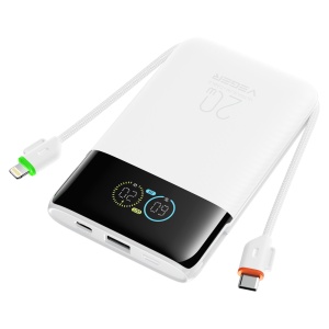 Power Bank VEGER com ecrã LCD Branco - Capacidade 10000mAh / PD 20W - Entradas USB-C e cabo integrado - Saídas USB-C, USB-A e cabos integrados - Cabos integrados: USB-C e Lightning - Carregamento ultrarrápido 4 dispositivos em simultâneo