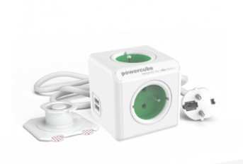 PowerCube Extended Green with 4 French sockets, 2 USB Type A and Cable and 1.5 m support.